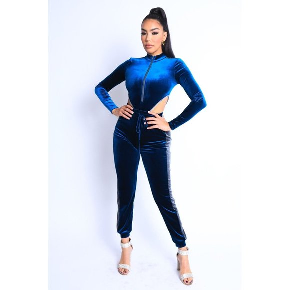 Women's Sexy Cute Velvet Bodysuit and Matching Jogger Pants 2 Piece Set S M L - Picture 6 of 14